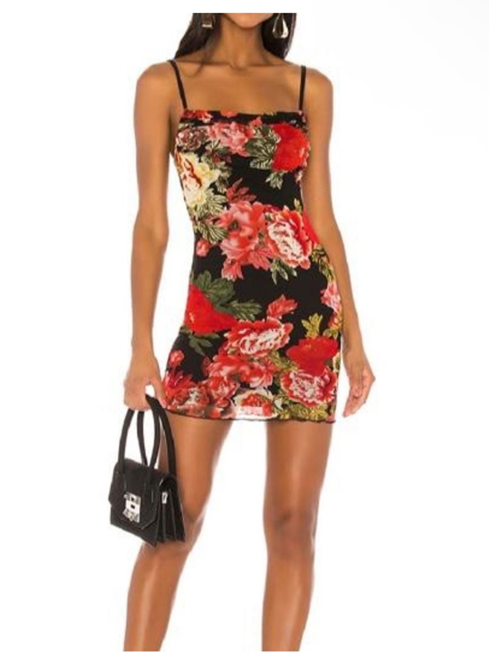 superdown Black Mini Slip Dress with Red Floral Print